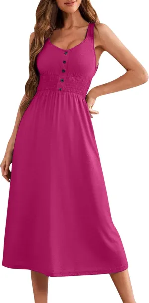 Women's Summer Dresses 2025 Sleeveless Button Down Smocked Empire Waist Casual A-Line Swing Midi Dress Tanks Sundress
