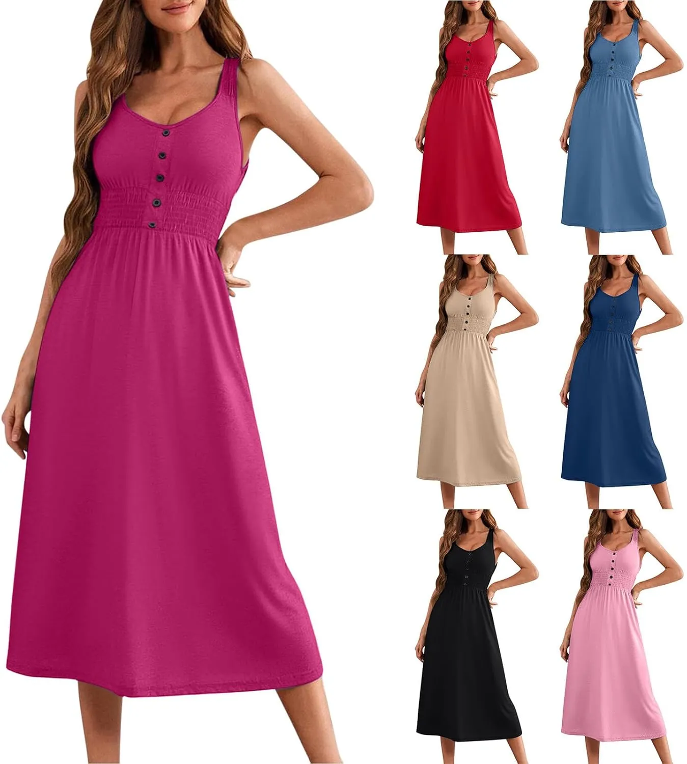 Women's Summer Dresses 2025 Sleeveless Button Down Smocked Empire Waist Casual A-Line Swing Midi Dress Tanks Sundress