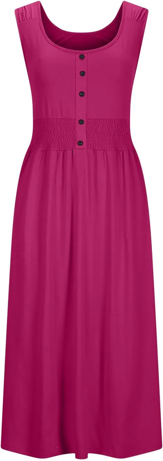 Women's Summer Dresses 2025 Sleeveless Button Down Smocked Empire Waist Casual A-Line Swing Midi Dress Tanks Sundress