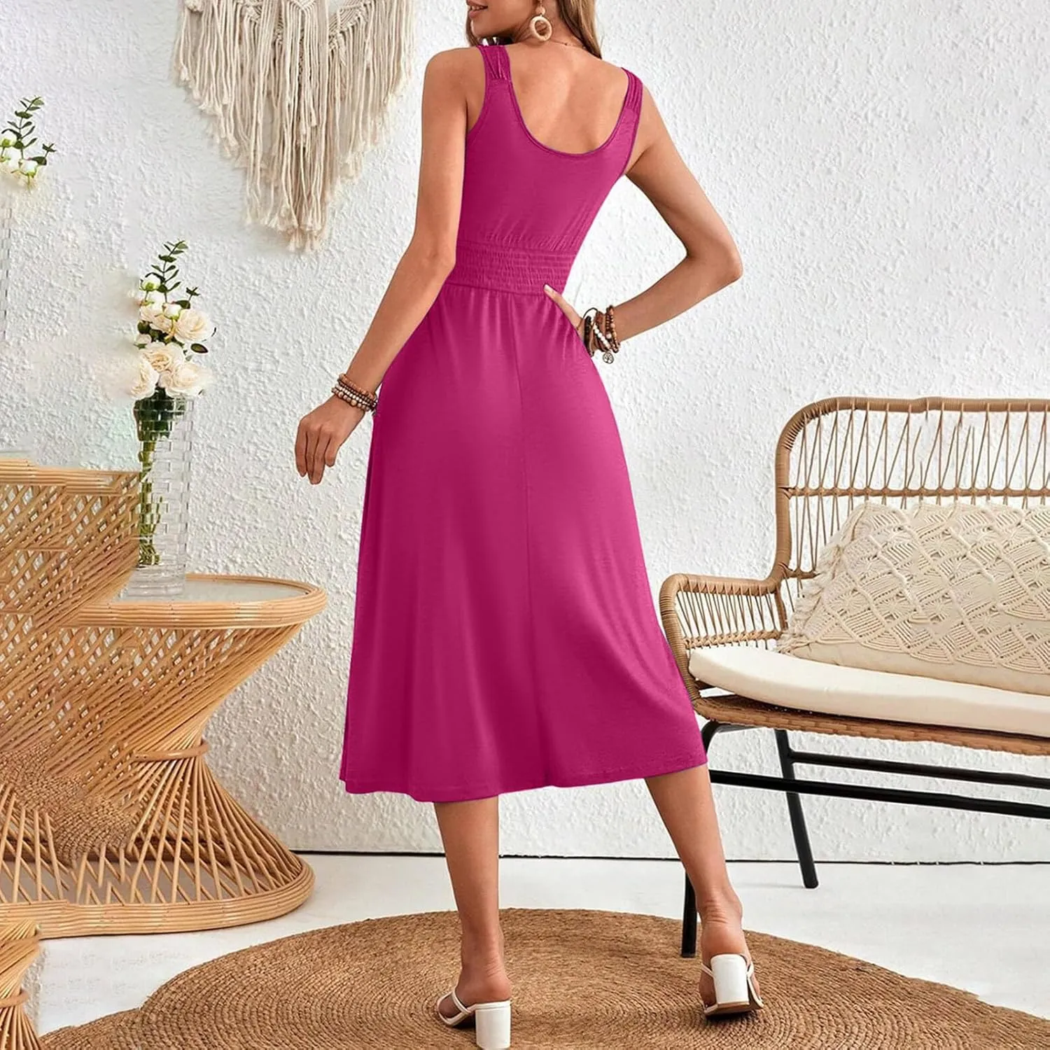 Women's Summer Dresses 2025 Sleeveless Button Down Smocked Empire Waist Casual A-Line Swing Midi Dress Tanks Sundress