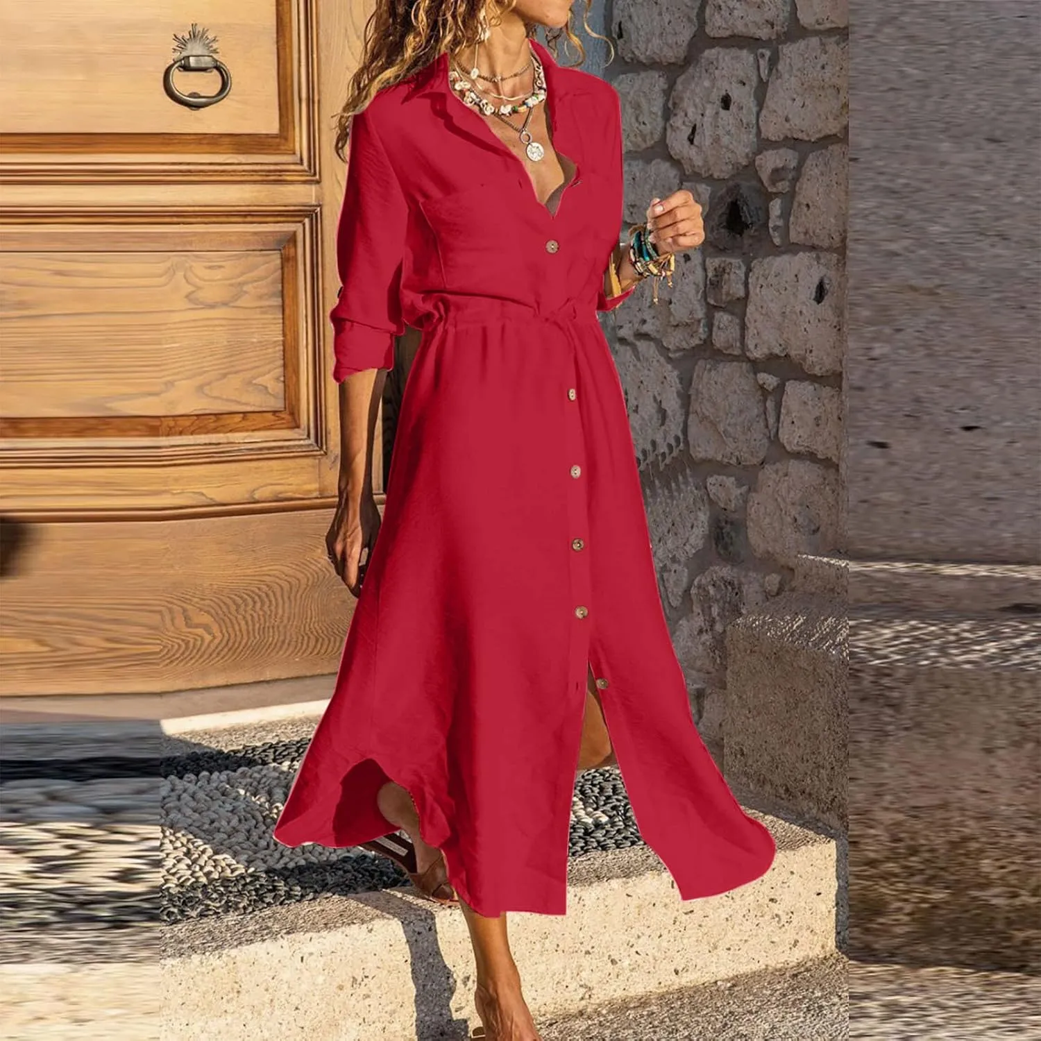Women's Summer Dresses Cotton Linen Long Sleeve Button Down Casual Sundress Sexy Beach Maxi Shirt Dress with Pockets