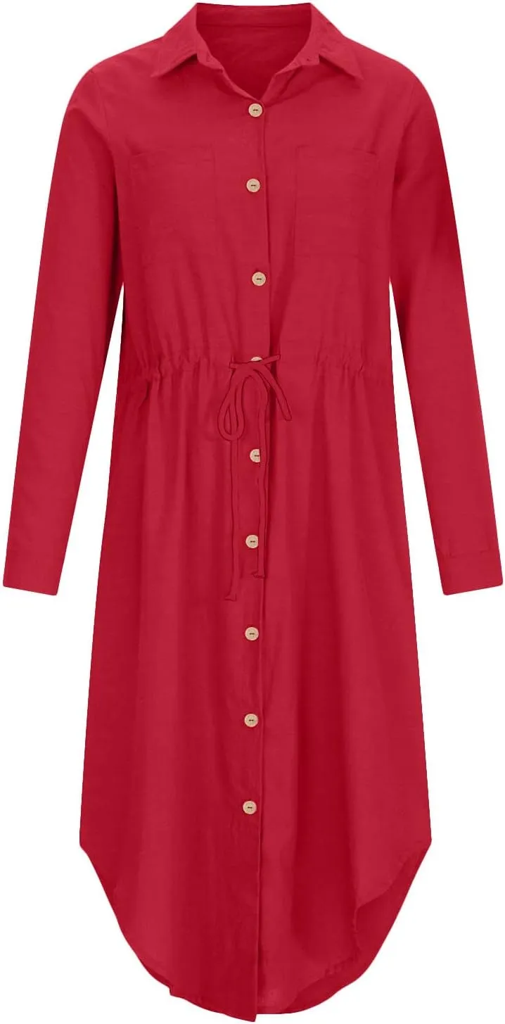 Women's Summer Dresses Cotton Linen Long Sleeve Button Down Casual Sundress Sexy Beach Maxi Shirt Dress with Pockets