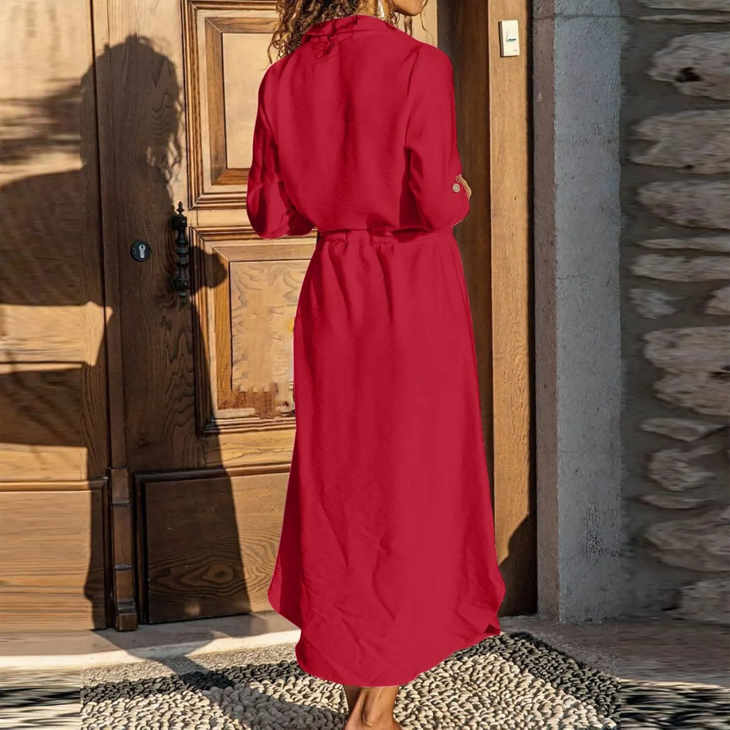 Women's Summer Dresses Cotton Linen Long Sleeve Button Down Casual Sundress Sexy Beach Maxi Shirt Dress with Pockets