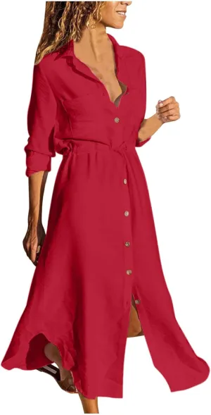 Women's Summer Dresses Cotton Linen Long Sleeve Button Down Casual Sundress Sexy Beach Maxi Shirt Dress with Pockets