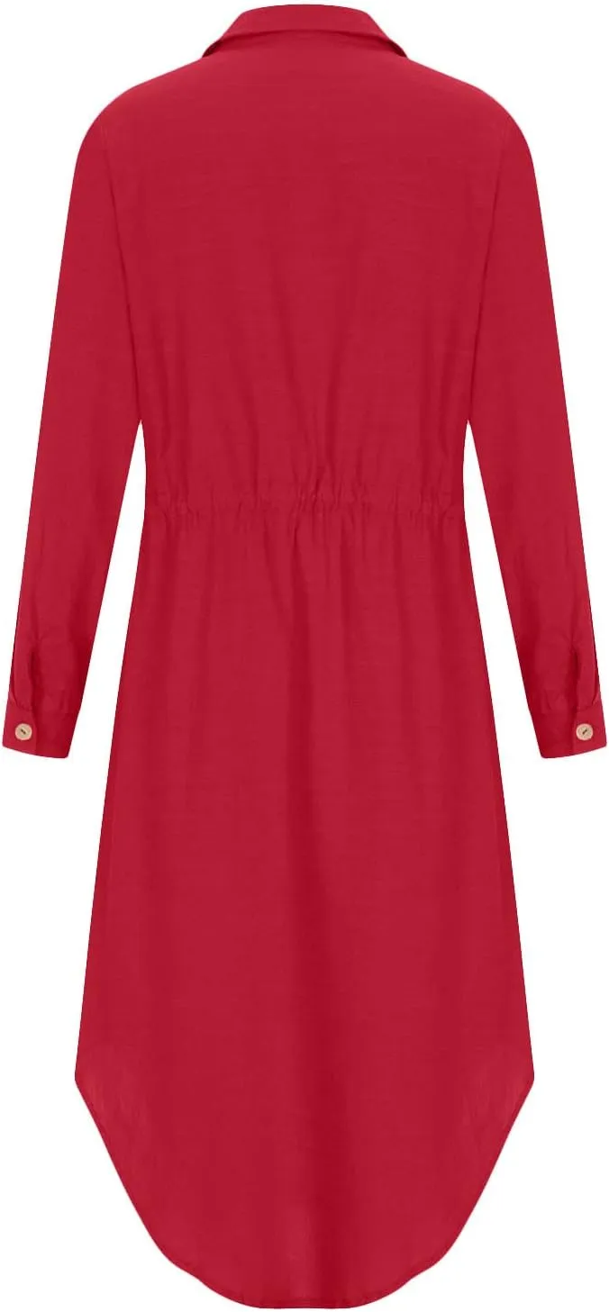 Women's Summer Dresses Cotton Linen Long Sleeve Button Down Casual Sundress Sexy Beach Maxi Shirt Dress with Pockets