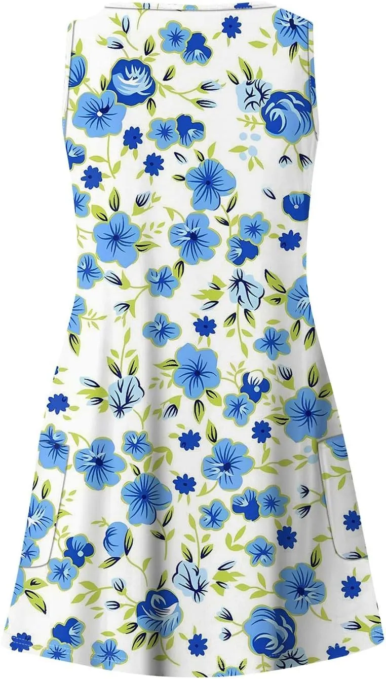 Womens Summer Dresses Flowy Tshirt Tank Dresses Printed Loose Sundresses Beach Sleeveless Mini Dress with Pockets
