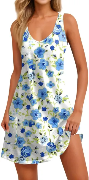 Womens Summer Dresses Flowy Tshirt Tank Dresses Printed Loose Sundresses Beach Sleeveless Mini Dress with Pockets
