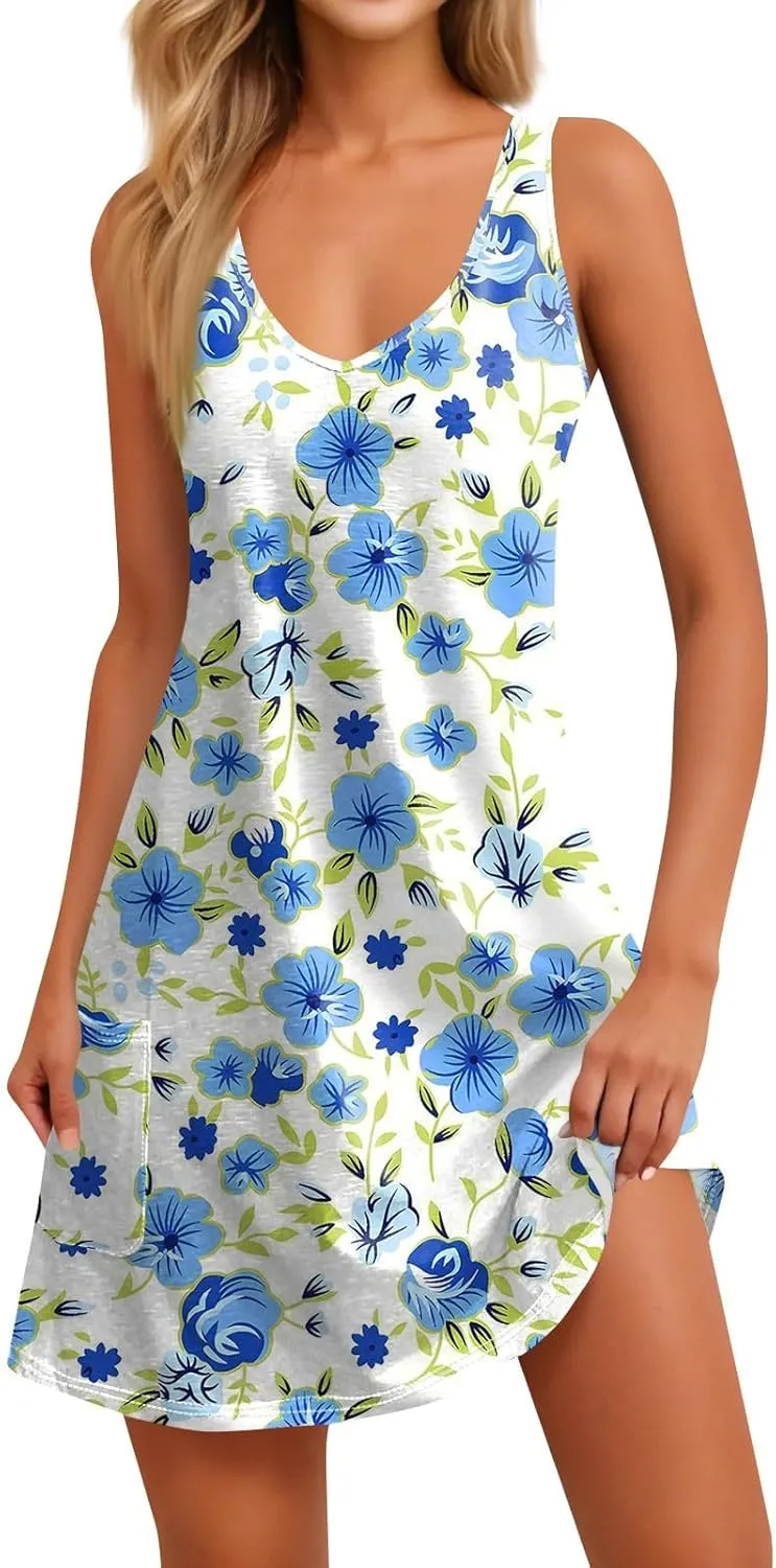 Womens Summer Dresses Flowy Tshirt Tank Dresses Printed Loose Sundresses Beach Sleeveless Mini Dress with Pockets