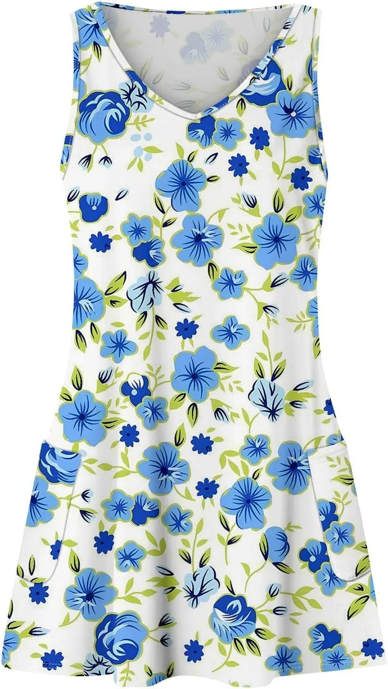 Womens Summer Dresses Flowy Tshirt Tank Dresses Printed Loose Sundresses Beach Sleeveless Mini Dress with Pockets