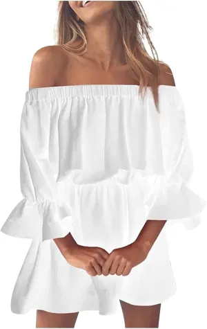 Womens Summer Dresses Sexy Off Shoulder Ruffle Dress Long Sleeve Elastic Waist A-Line Casual Swing Mini Dresses