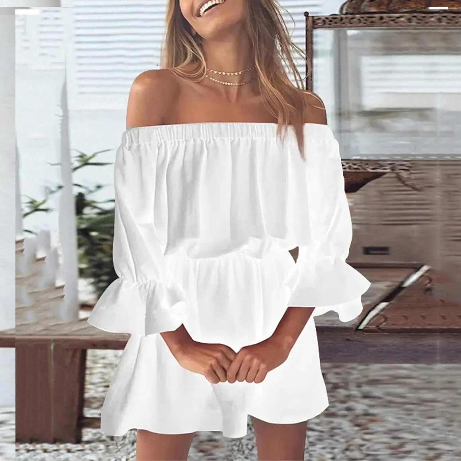 Womens Summer Dresses Sexy Off Shoulder Ruffle Dress Long Sleeve Elastic Waist A-Line Casual Swing Mini Dresses