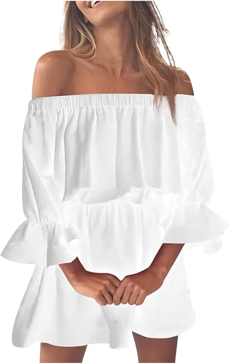 Womens Summer Dresses Sexy Off Shoulder Ruffle Dress Long Sleeve Elastic Waist A-Line Casual Swing Mini Dresses