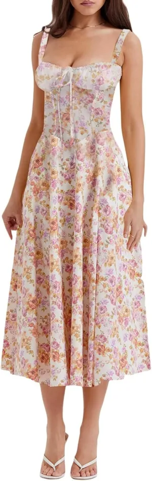 Womens Summer Floral Dresses 2024 Casual Midi Sun Dress Sexy Slip Dress Trendy Summer Beach Vacation Outfits