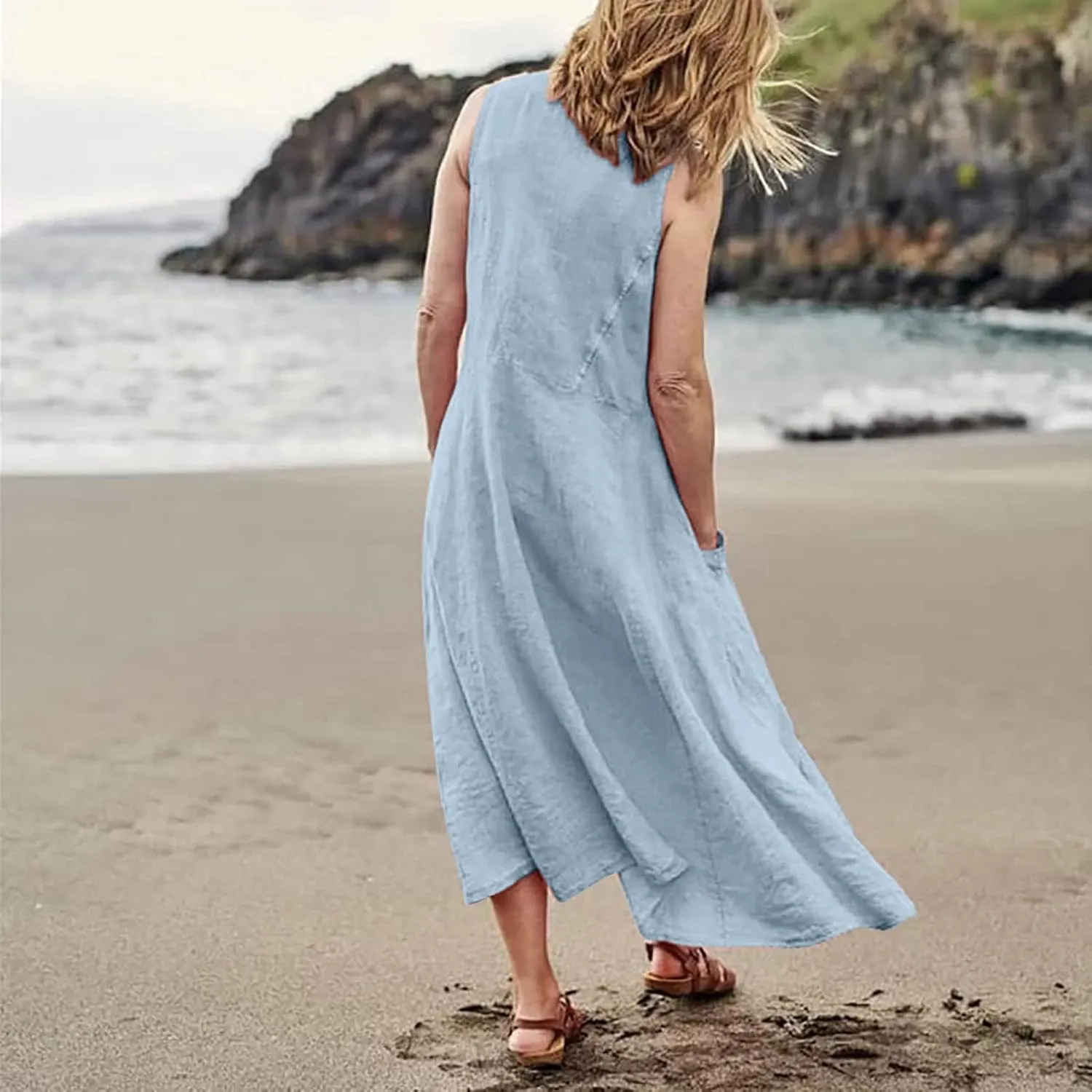 Womens Summer Linen Tank Dresses Casual Beach Floral Sleeveless Vacation Sundress Travel Outfits Cotton Maxi Dress
