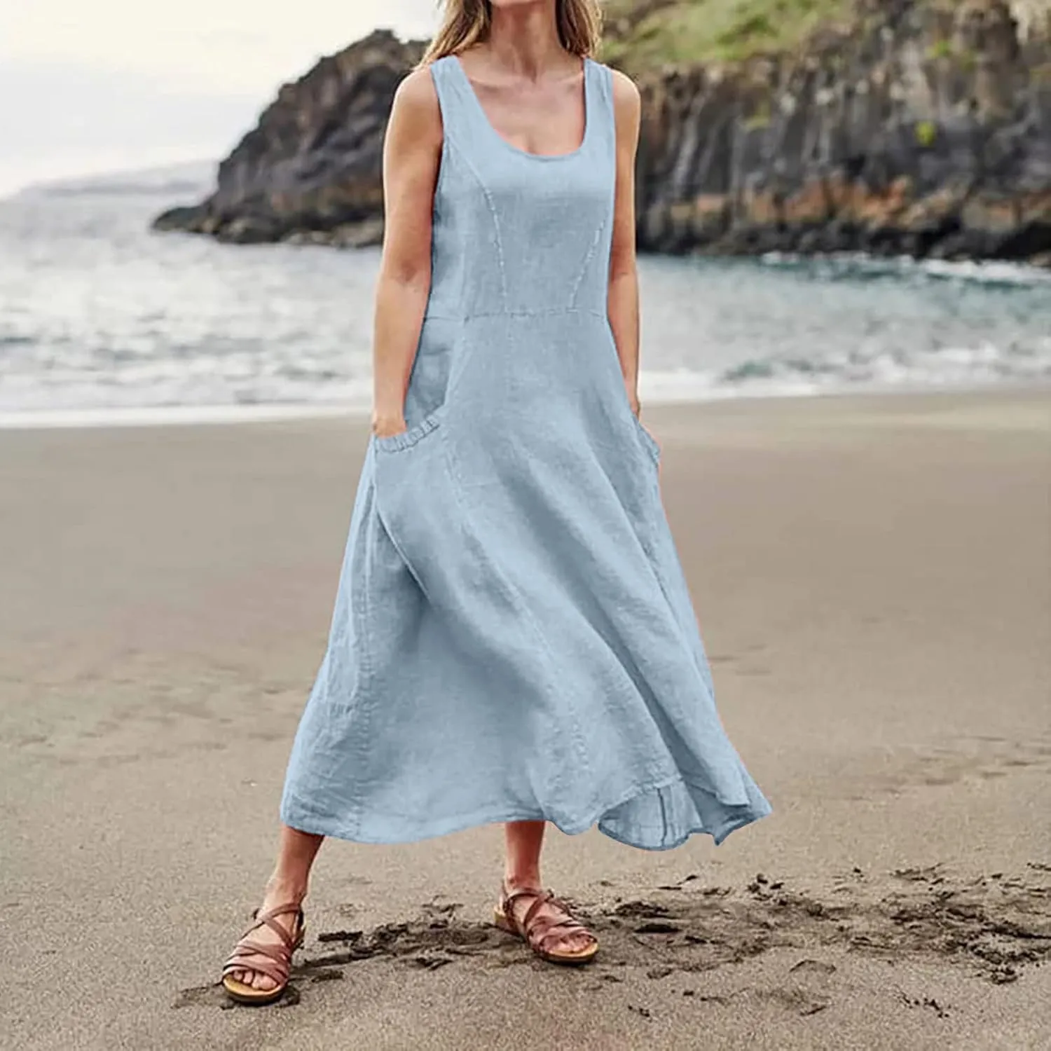 Womens Summer Linen Tank Dresses Casual Beach Floral Sleeveless Vacation Sundress Travel Outfits Cotton Maxi Dress