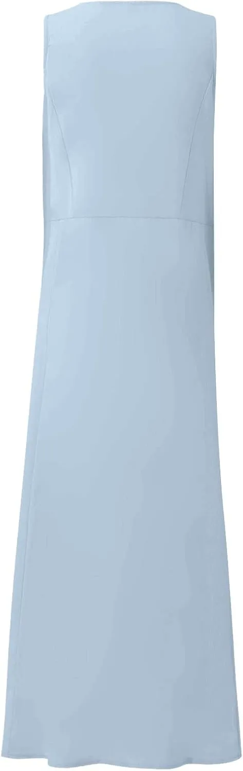 Womens Summer Linen Tank Dresses Casual Beach Floral Sleeveless Vacation Sundress Travel Outfits Cotton Maxi Dress