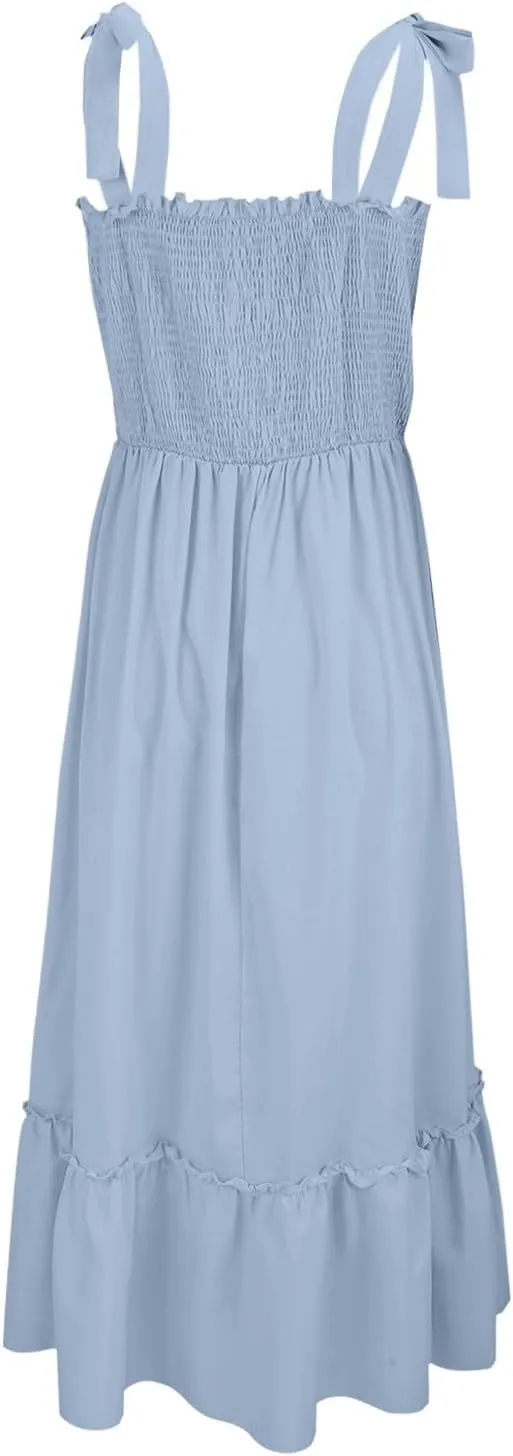 Women's Summer Maxi Dress Boho Spaghetti Straps Casual Long A-line Smocked Beach Square Neck Flowy Sundress