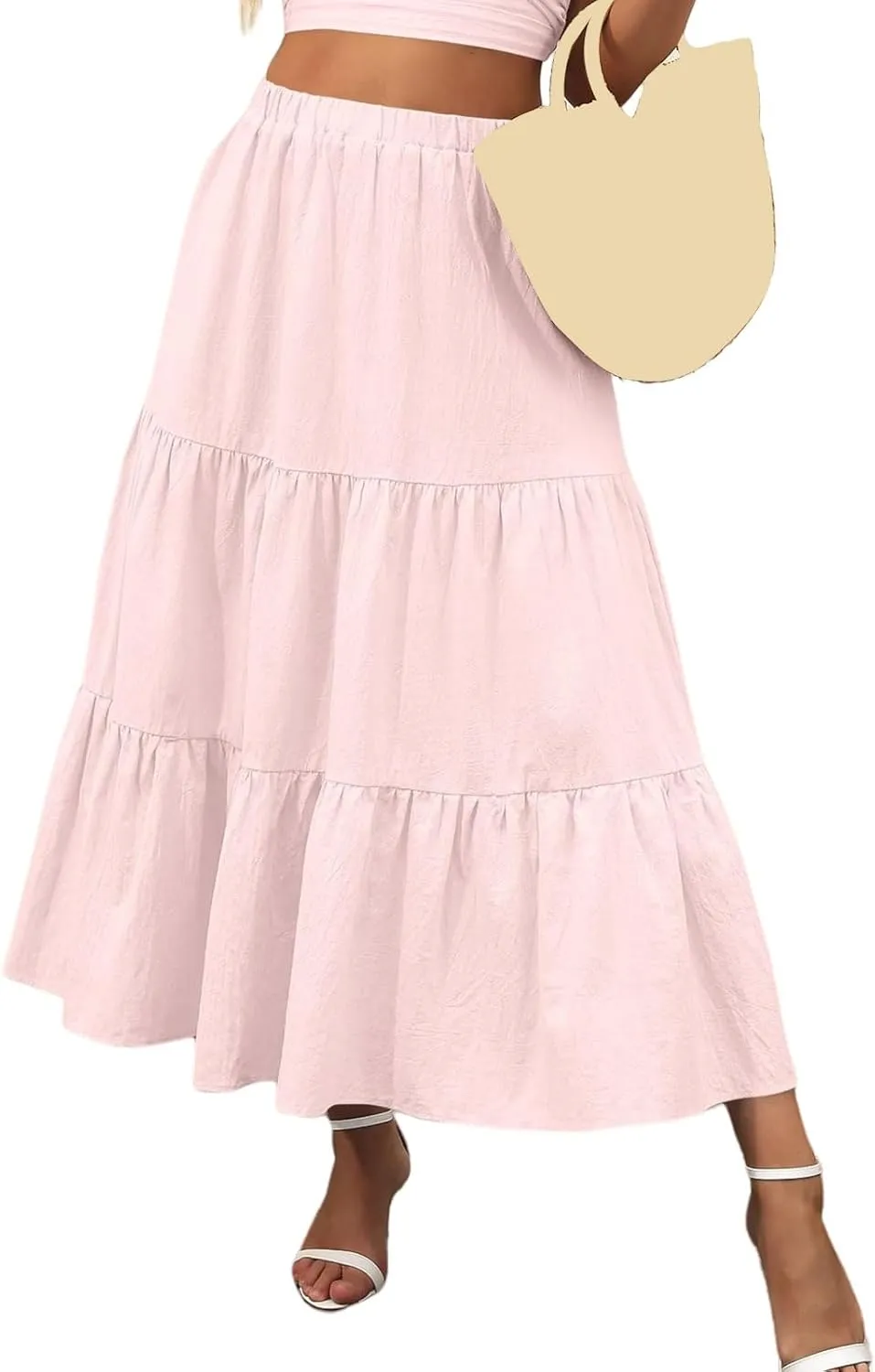 Women's Summer Maxi Skirt Elastic High Waist A-Line Tiered Swing Long Skirts Ruffle Pleated Long Beach Dress