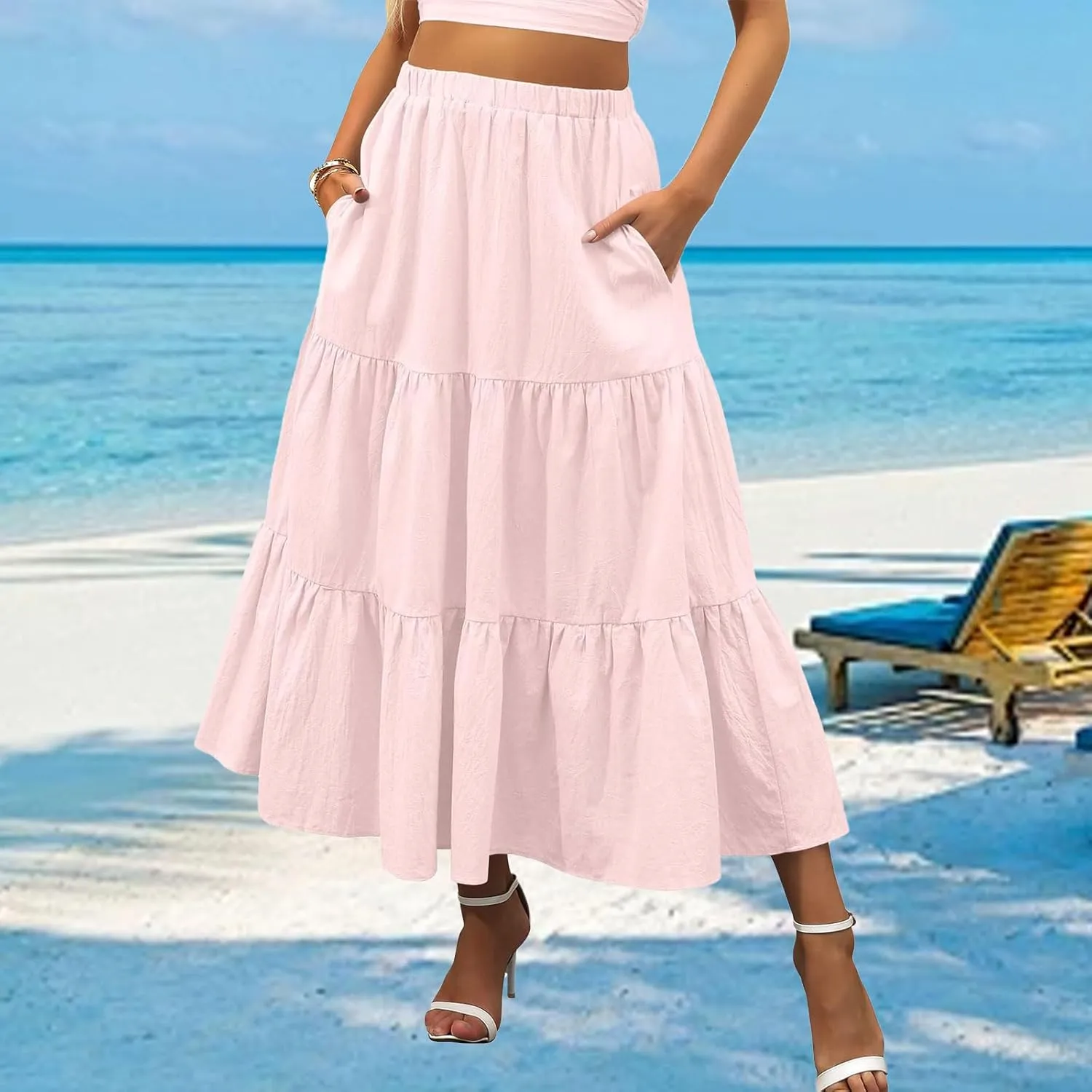 Women's Summer Maxi Skirt Elastic High Waist A-Line Tiered Swing Long Skirts Ruffle Pleated Long Beach Dress