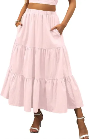 Women's Summer Maxi Skirt Elastic High Waist A-Line Tiered Swing Long Skirts Ruffle Pleated Long Beach Dress