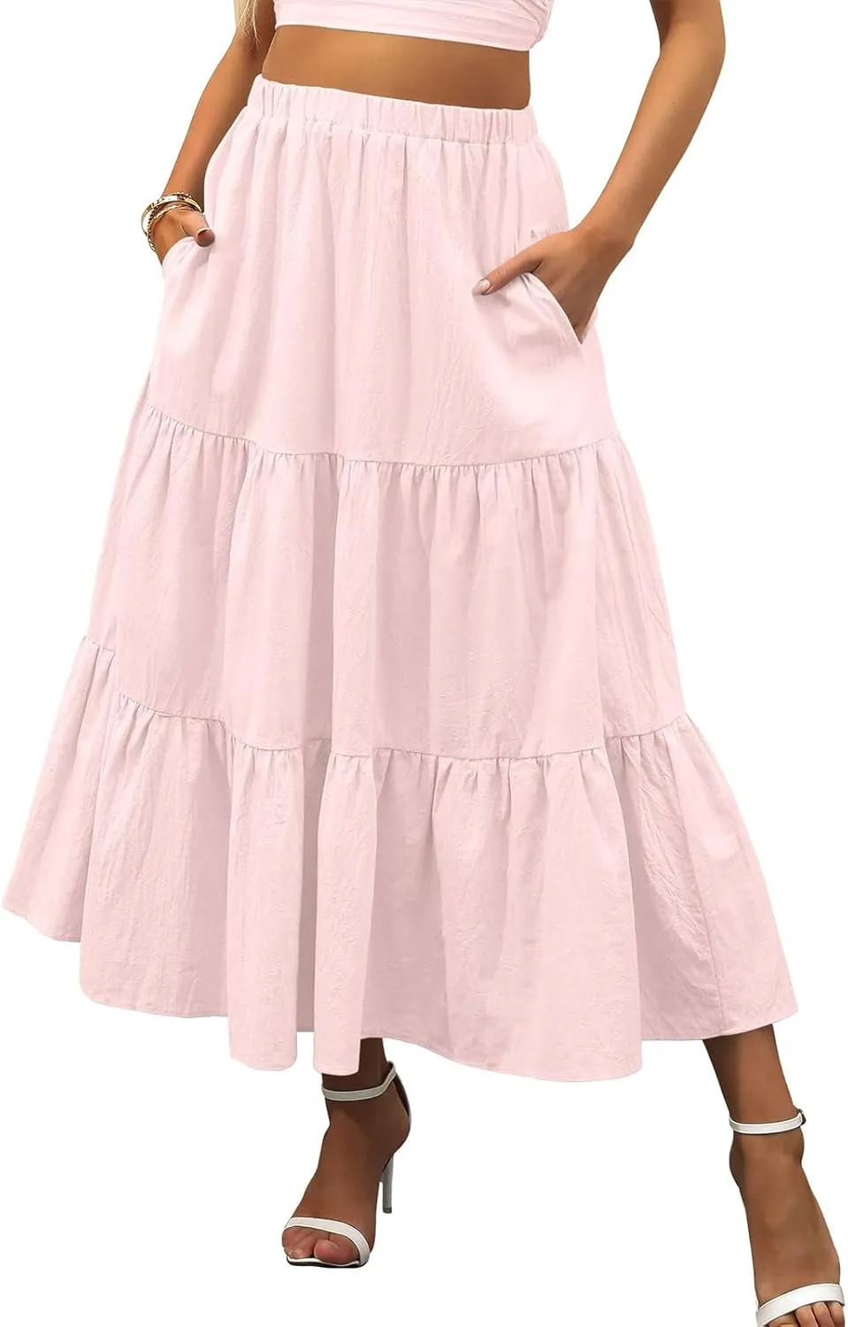 Women's Summer Maxi Skirt Elastic High Waist A-Line Tiered Swing Long Skirts Ruffle Pleated Long Beach Dress