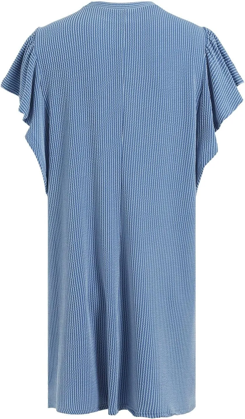 Womens Summer Ruffle Sleeve Mini Dress Crew Neck A Line Lightweight Soft Solid Casual Baby Dolls Short Dresses