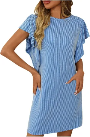 Womens Summer Ruffle Sleeve Mini Dress Crew Neck A Line Lightweight Soft Solid Casual Baby Dolls Short Dresses