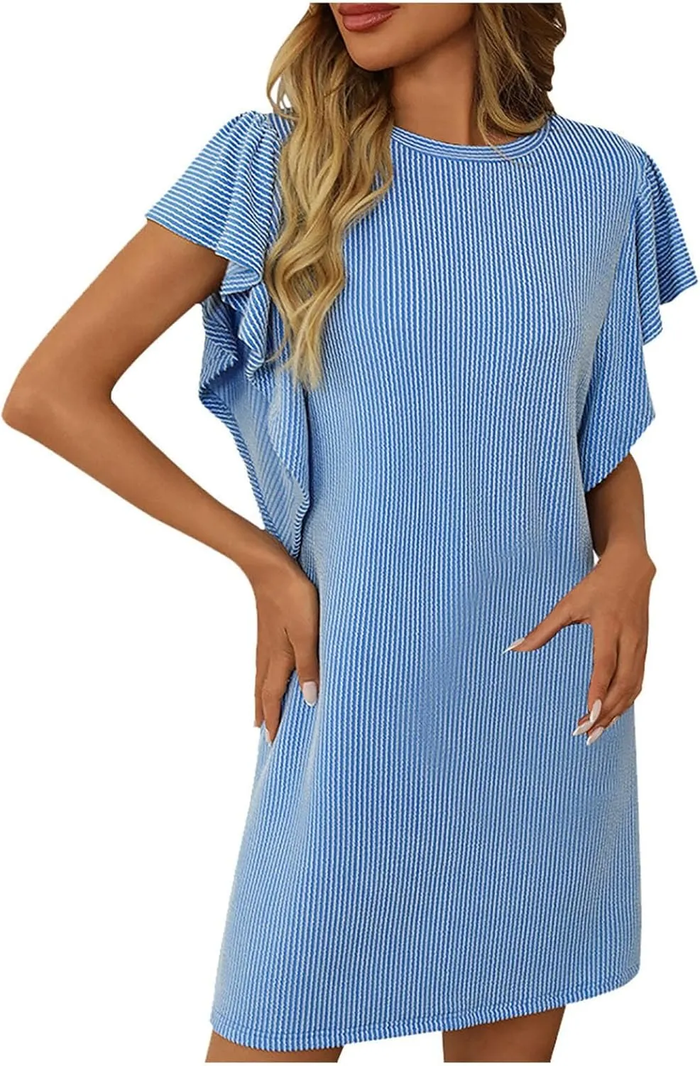 Womens Summer Ruffle Sleeve Mini Dress Crew Neck A Line Lightweight Soft Solid Casual Baby Dolls Short Dresses
