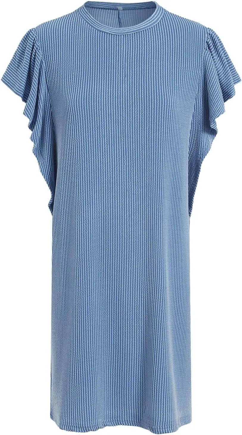 Womens Summer Ruffle Sleeve Mini Dress Crew Neck A Line Lightweight Soft Solid Casual Baby Dolls Short Dresses