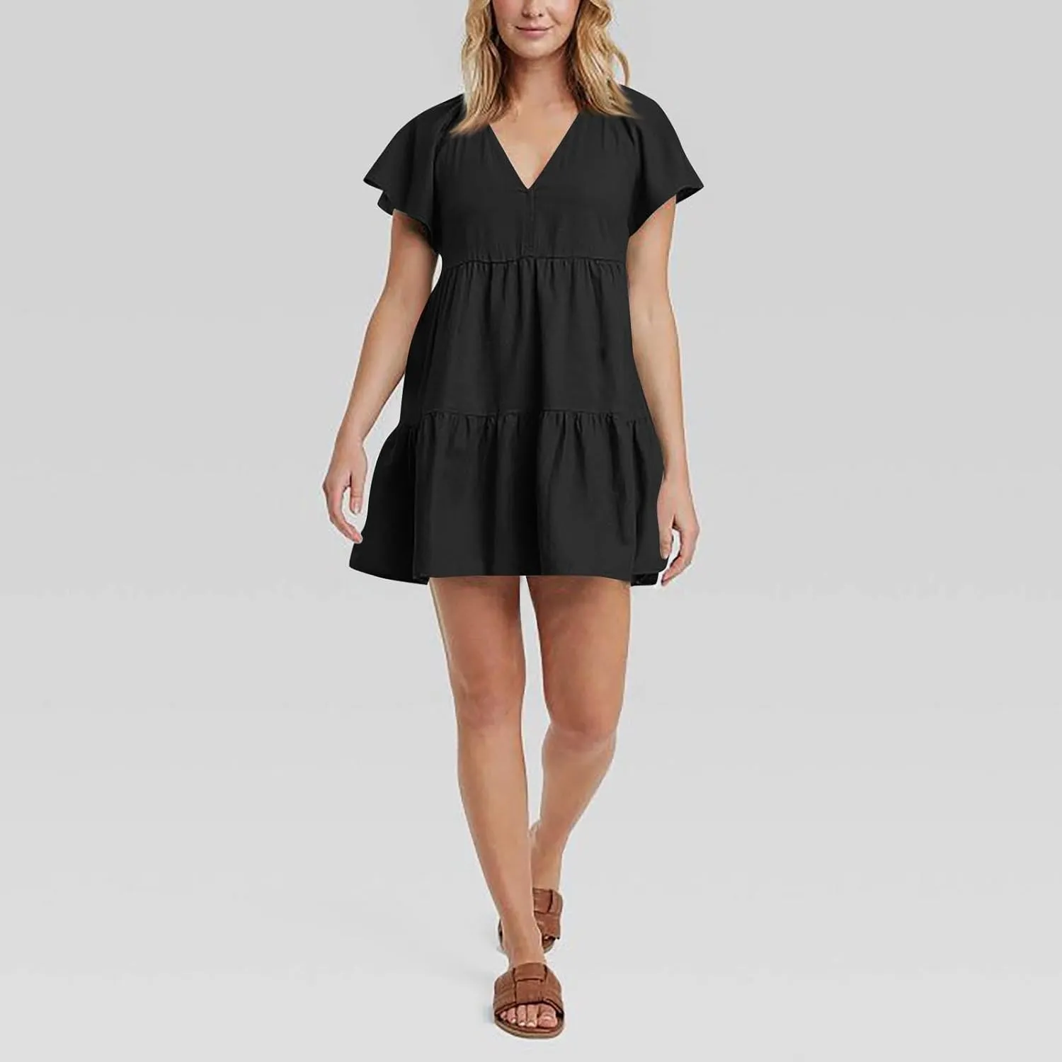 Womens Summer Ruffle Sleeve V Neck Mini Dress 2024 Fashion Casual Flowy A Line Tiered Boho Beach Vacation Sundress