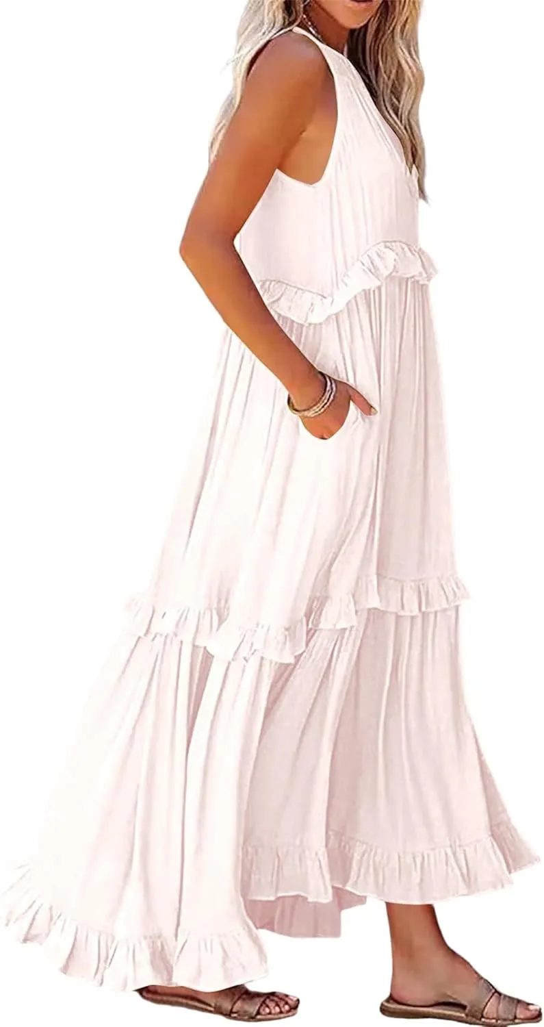 Womens Summer Sleeveless Dress Halter Tie Back Loose Flowy Ruffle Tiered Maxi Dress Beach Swing Long Dresses Sundress