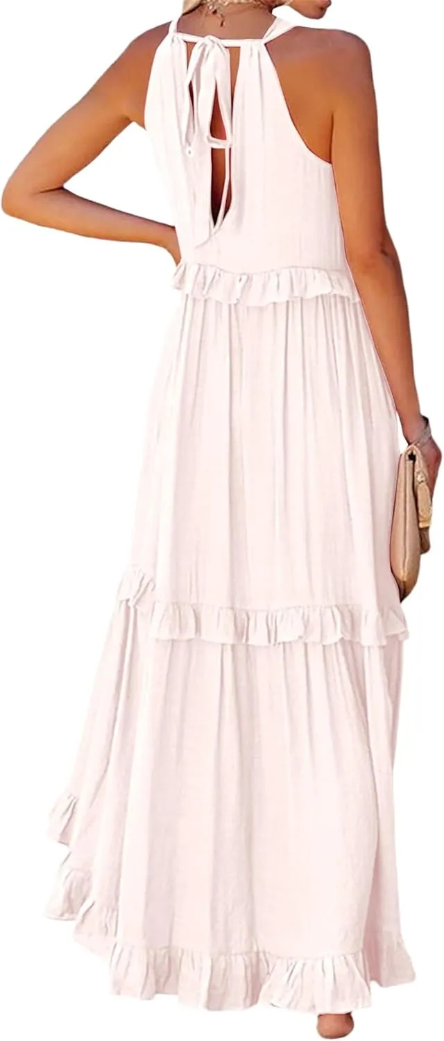 Womens Summer Sleeveless Dress Halter Tie Back Loose Flowy Ruffle Tiered Maxi Dress Beach Swing Long Dresses Sundress