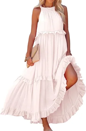 Womens Summer Sleeveless Dress Halter Tie Back Loose Flowy Ruffle Tiered Maxi Dress Beach Swing Long Dresses Sundress
