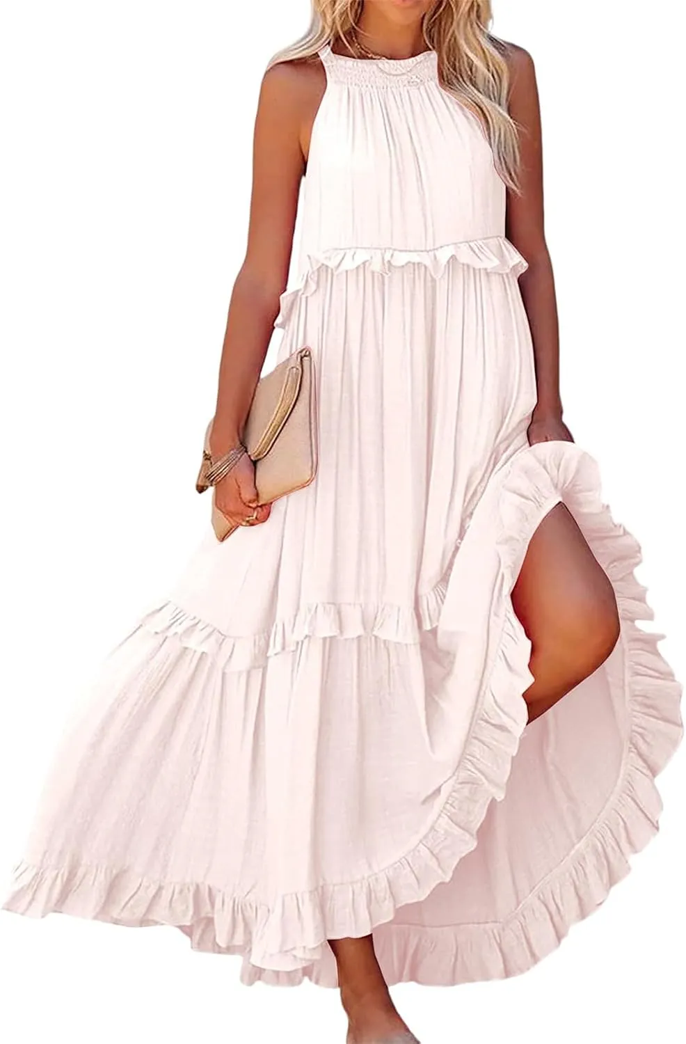 Womens Summer Sleeveless Dress Halter Tie Back Loose Flowy Ruffle Tiered Maxi Dress Beach Swing Long Dresses Sundress