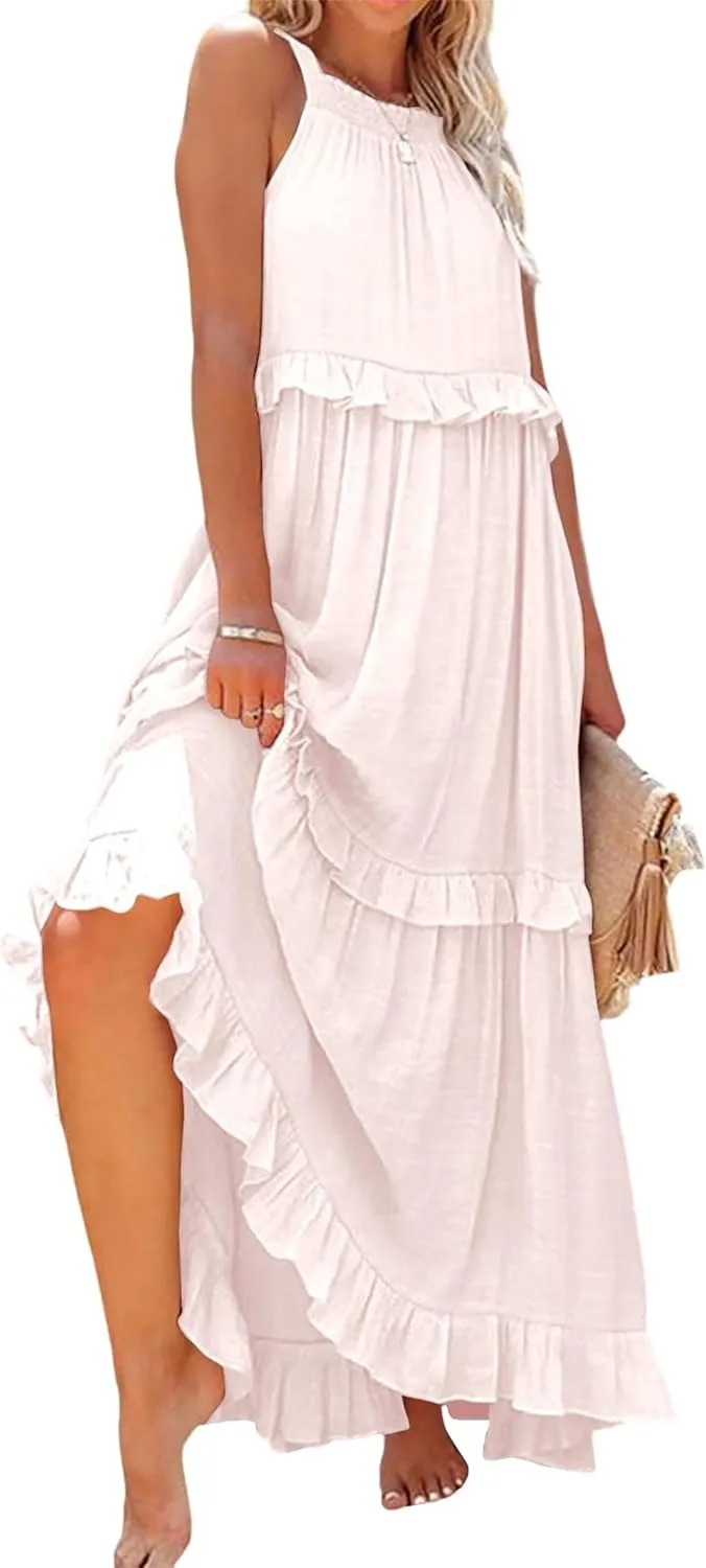 Womens Summer Sleeveless Dress Halter Tie Back Loose Flowy Ruffle Tiered Maxi Dress Beach Swing Long Dresses Sundress