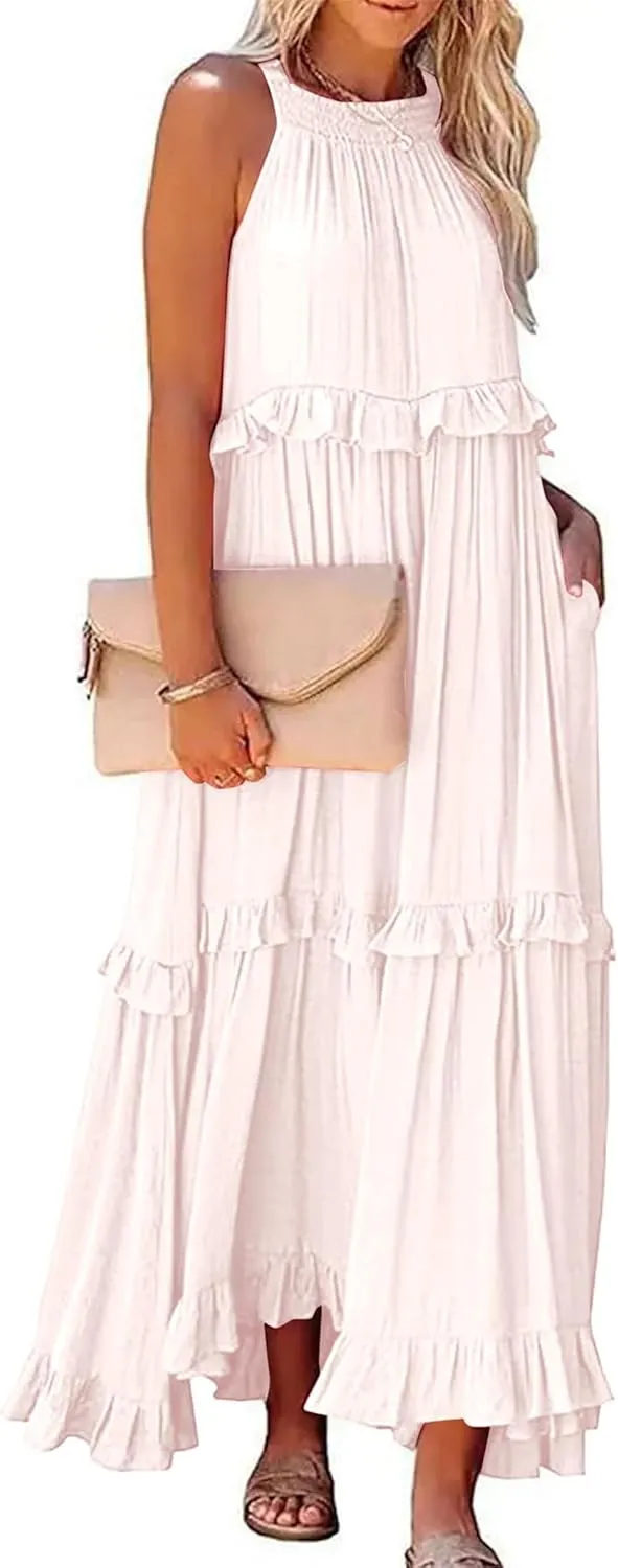 Womens Summer Sleeveless Dress Halter Tie Back Loose Flowy Ruffle Tiered Maxi Dress Beach Swing Long Dresses Sundress