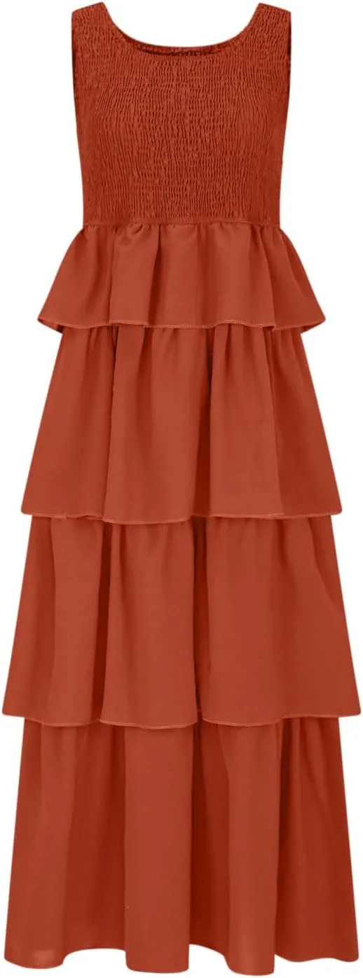 Womens Summer Sleeveless Midi Dress Scoop Neck A Line Dresses Smocked Ruffle Tiered Layered Beach Vacation Sundress