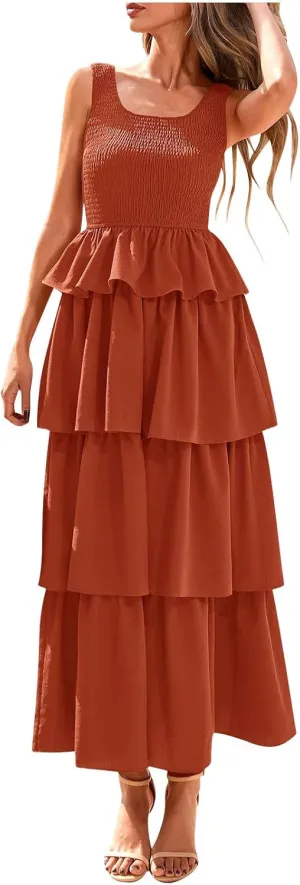 Womens Summer Sleeveless Midi Dress Scoop Neck A Line Dresses Smocked Ruffle Tiered Layered Beach Vacation Sundress