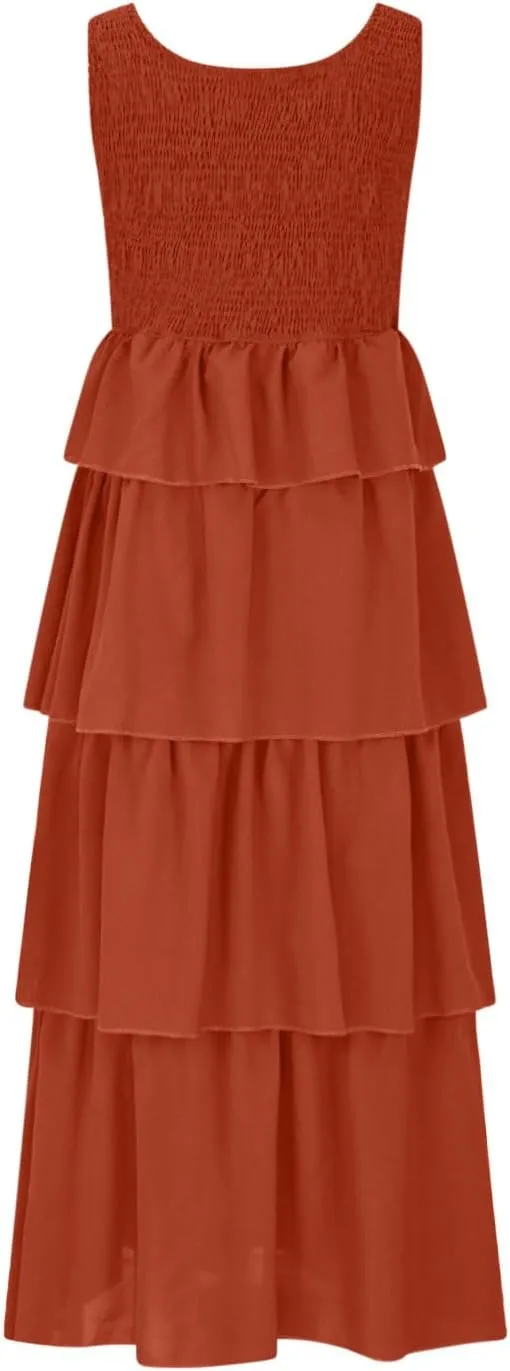 Womens Summer Sleeveless Midi Dress Scoop Neck A Line Dresses Smocked Ruffle Tiered Layered Beach Vacation Sundress