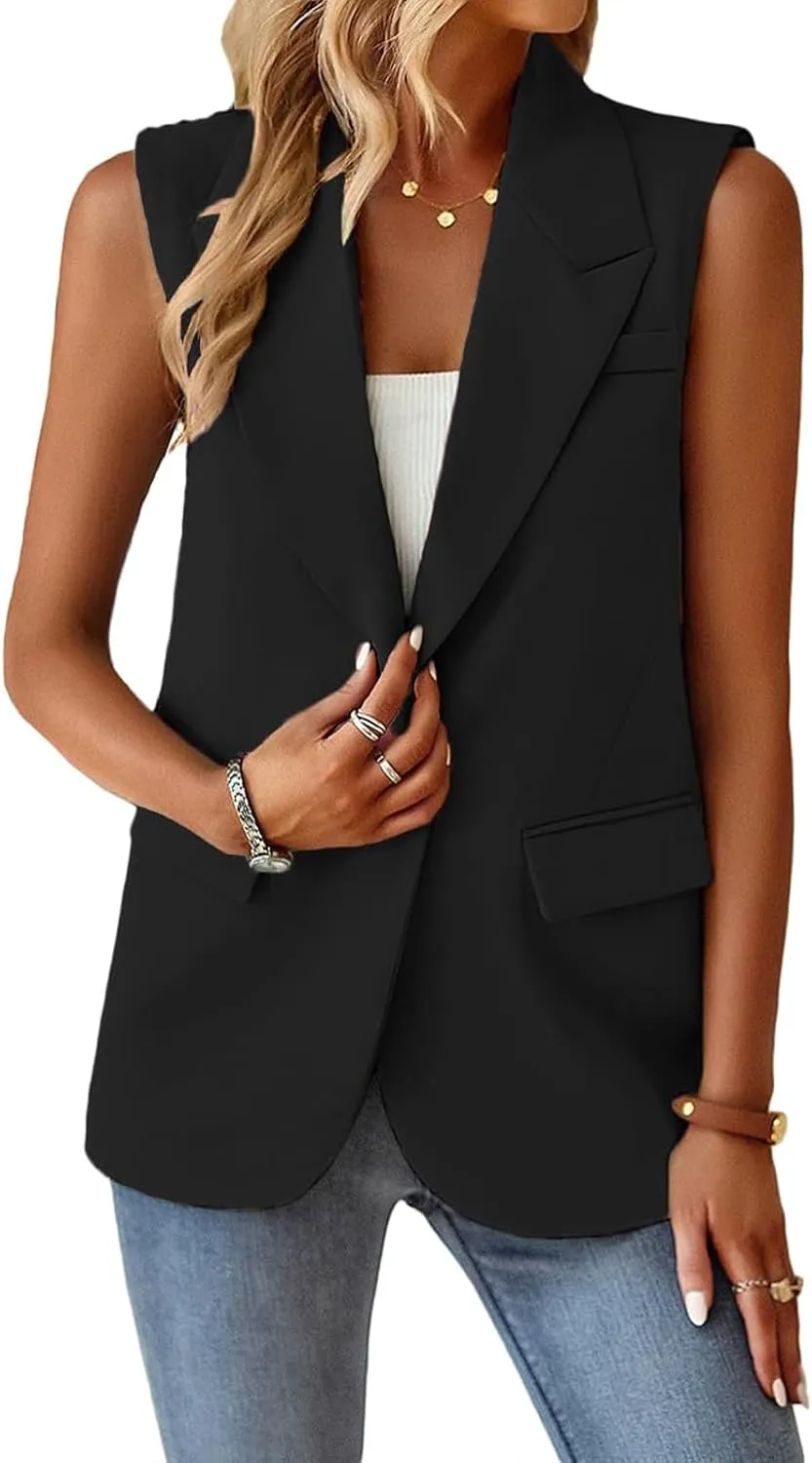 Women's Summer Sleeveless Vest Dressy Casual 2025 Blazer Lightweight Work Office Button Up Suit Vest with Pockets