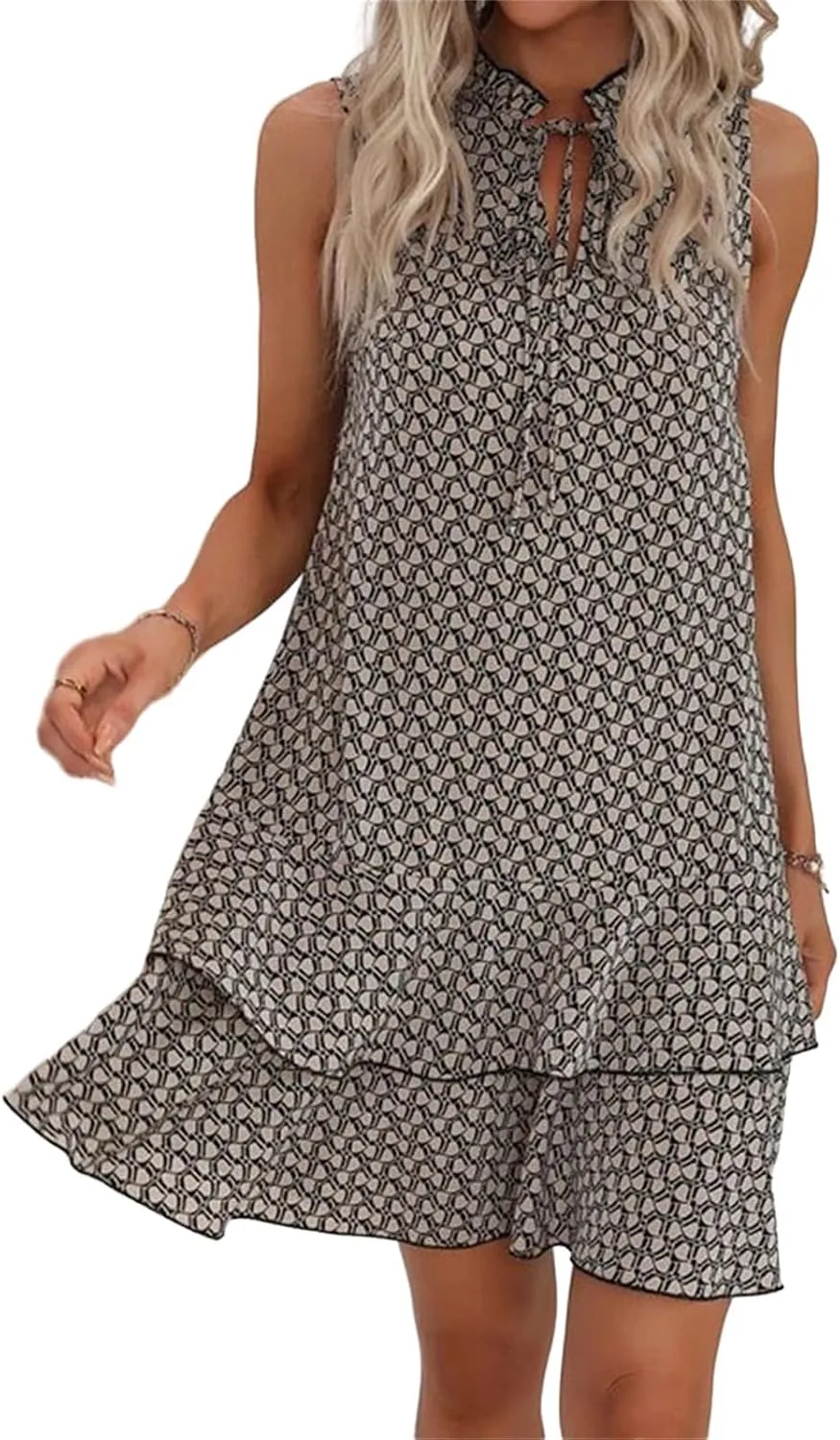 Womens Summer Tie Neck Mini Dresses Tiered Layered Ruffle Hem Sleeveless Loose Sundress Casual Boho Floral Dress