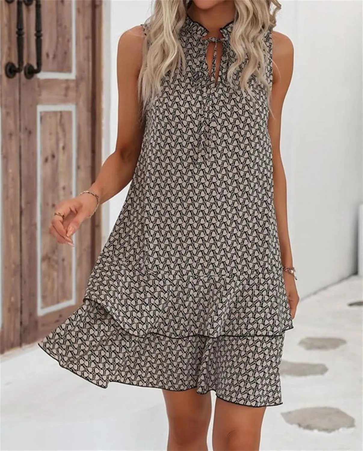 Womens Summer Tie Neck Mini Dresses Tiered Layered Ruffle Hem Sleeveless Loose Sundress Casual Boho Floral Dress