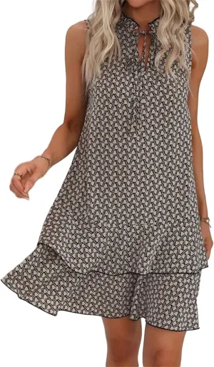 Womens Summer Tie Neck Mini Dresses Tiered Layered Ruffle Hem Sleeveless Loose Sundress Casual Boho Floral Dress