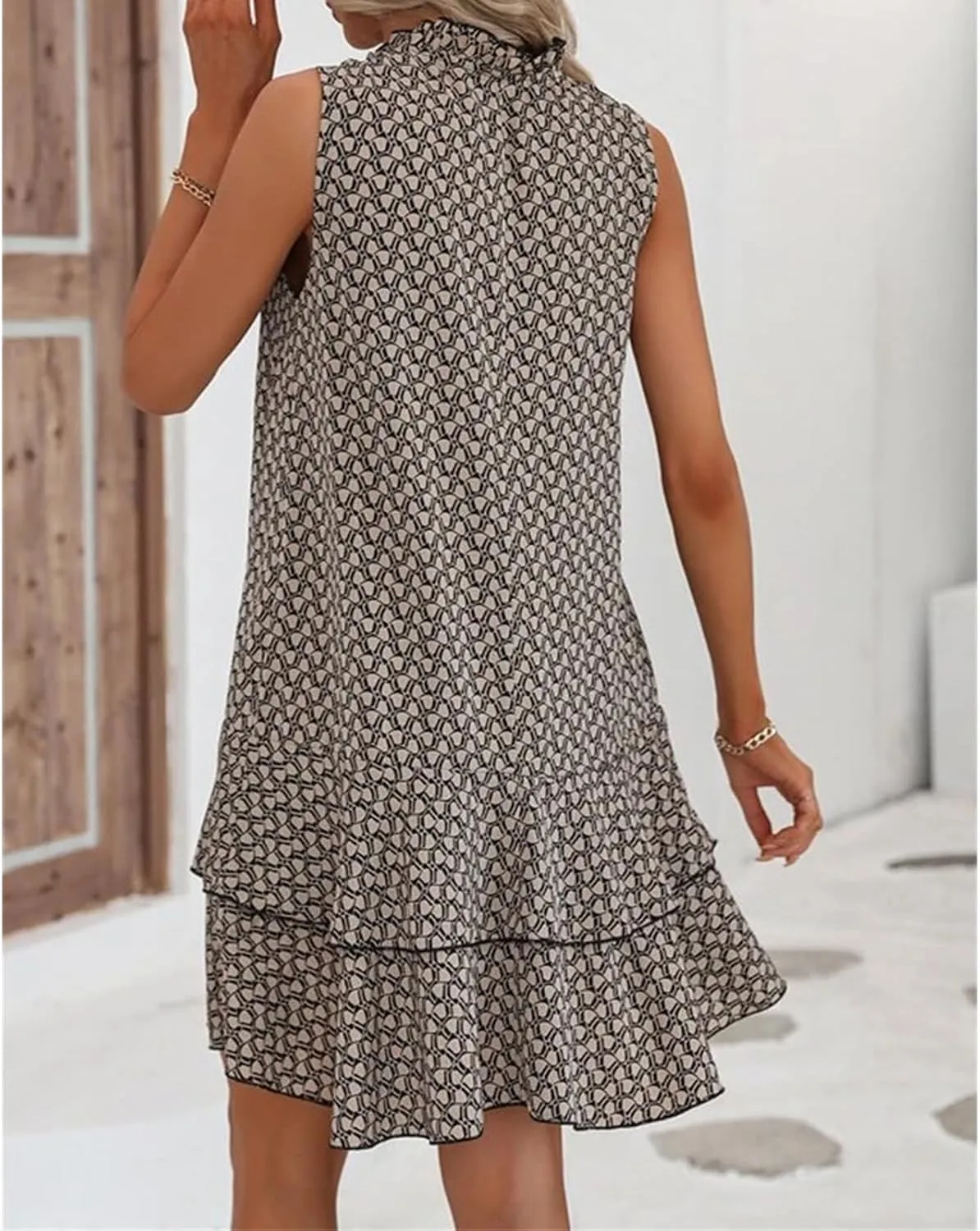 Womens Summer Tie Neck Mini Dresses Tiered Layered Ruffle Hem Sleeveless Loose Sundress Casual Boho Floral Dress