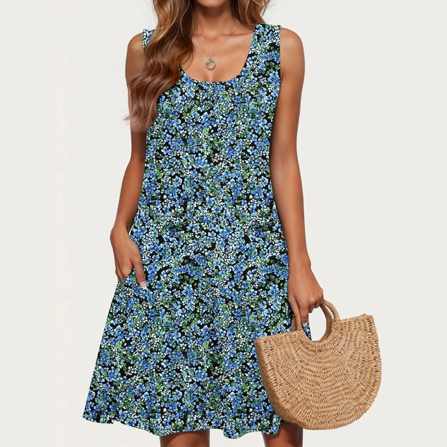 Womens Sundress with Pockets Summer Casual Sleeveless Tank Dress Floral Print Bohemian Dresses Vacation Clothes