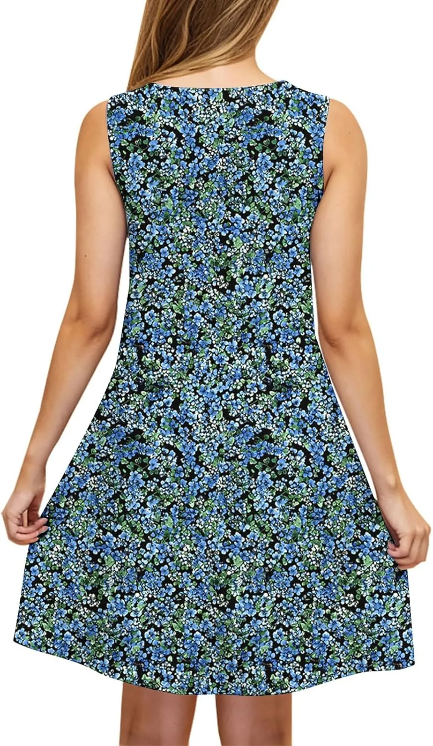 Womens Sundress with Pockets Summer Casual Sleeveless Tank Dress Floral Print Bohemian Dresses Vacation Clothes