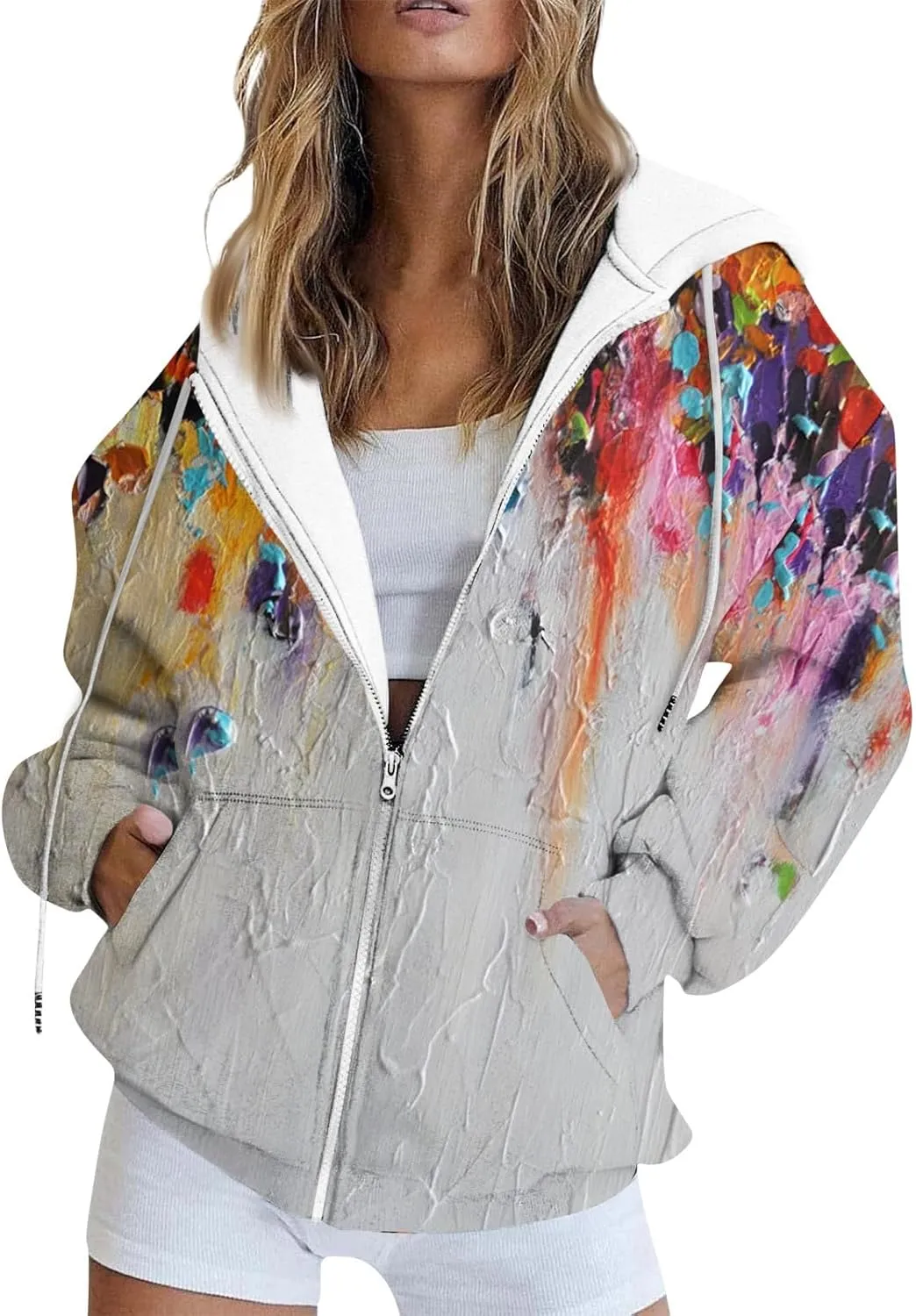 Women's Trendy Floral Printing Jacket Zip Up Hoodies Lightweight Long Sleeve Coat Fall Fashion Outfits with Pockets