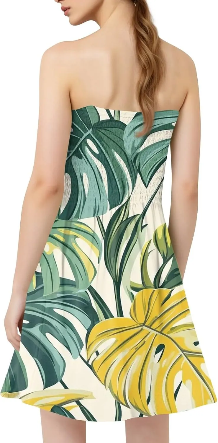 Womens Tube Top Dress Summer Beach Cover Ups Sexy Off Shoulder Strapless Boho Floral Print Sundress