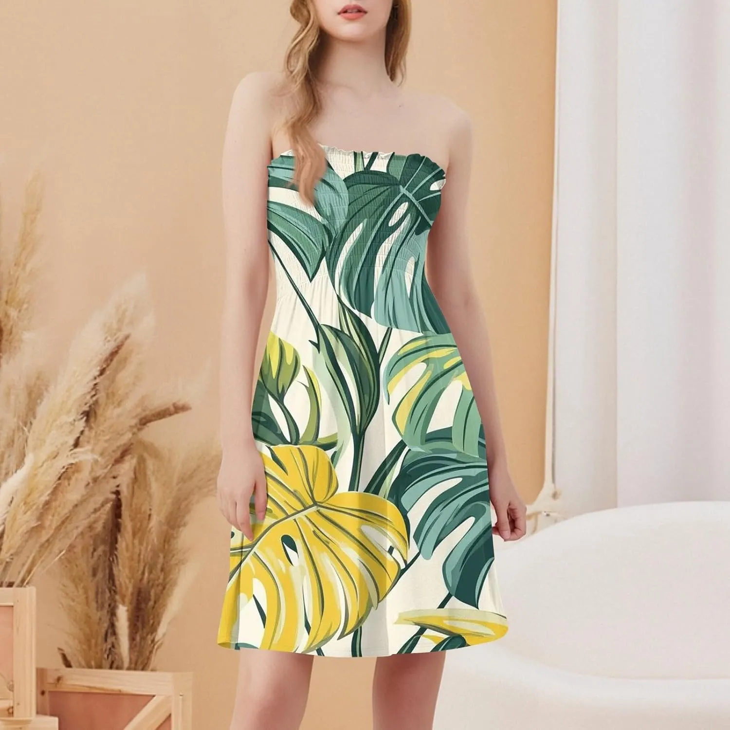 Womens Tube Top Dress Summer Beach Cover Ups Sexy Off Shoulder Strapless Boho Floral Print Sundress