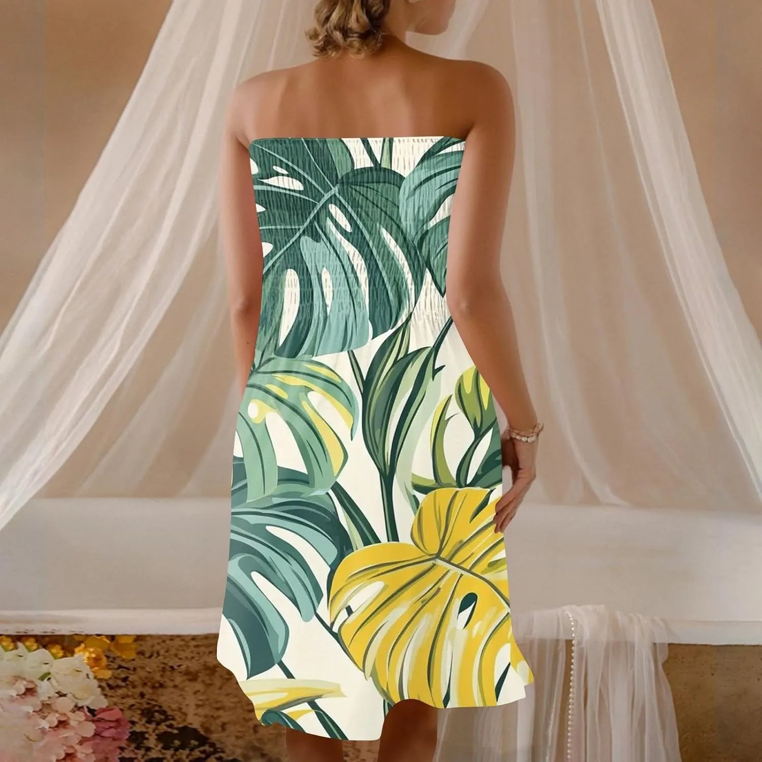 Womens Tube Top Dress Summer Beach Cover Ups Sexy Off Shoulder Strapless Boho Floral Print Sundress